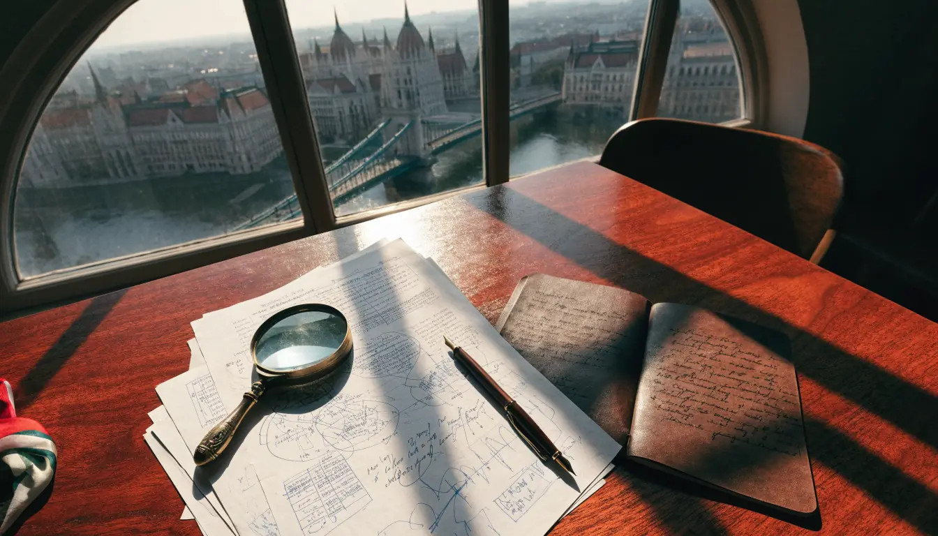 Szakértői munkaasztal budapesti panorámával és elemző dokumentumokkal