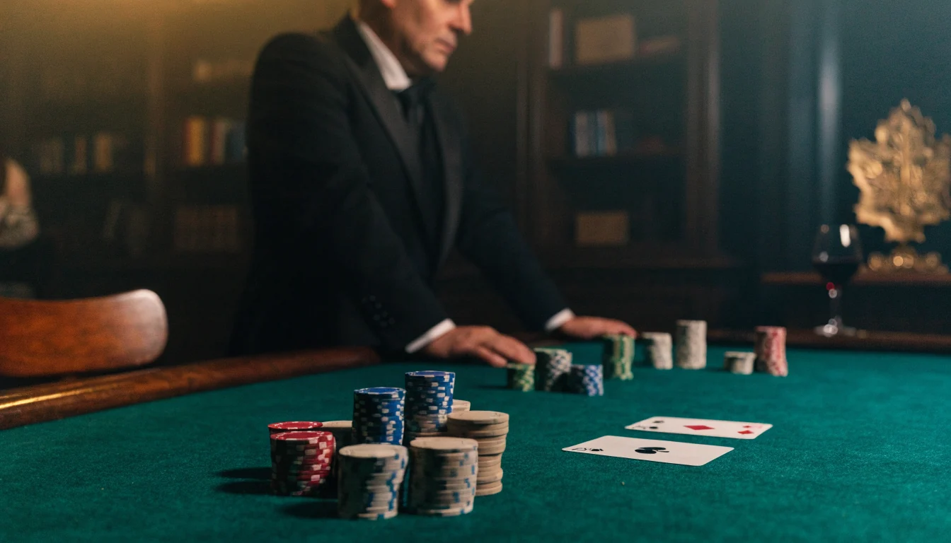 Élő blackjack asztal valódi osztóval, zsetonokkal és kártyákkal elegáns kaszinóban.