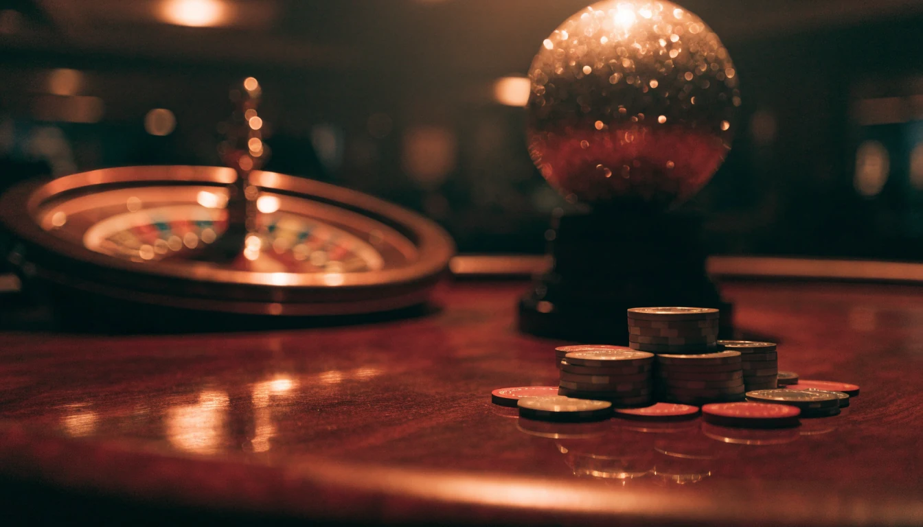 Elegáns kaszinóasztal zsetonokkal és rulettkerékkel, jackpot hangulat